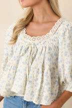 Women's Sweetest Story Ivory & Blue Floral Cotton Blouse | 100% Cotton 6