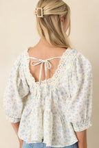 Women's Sweetest Story Ivory & Blue Floral Cotton Blouse | 100% Cotton 7