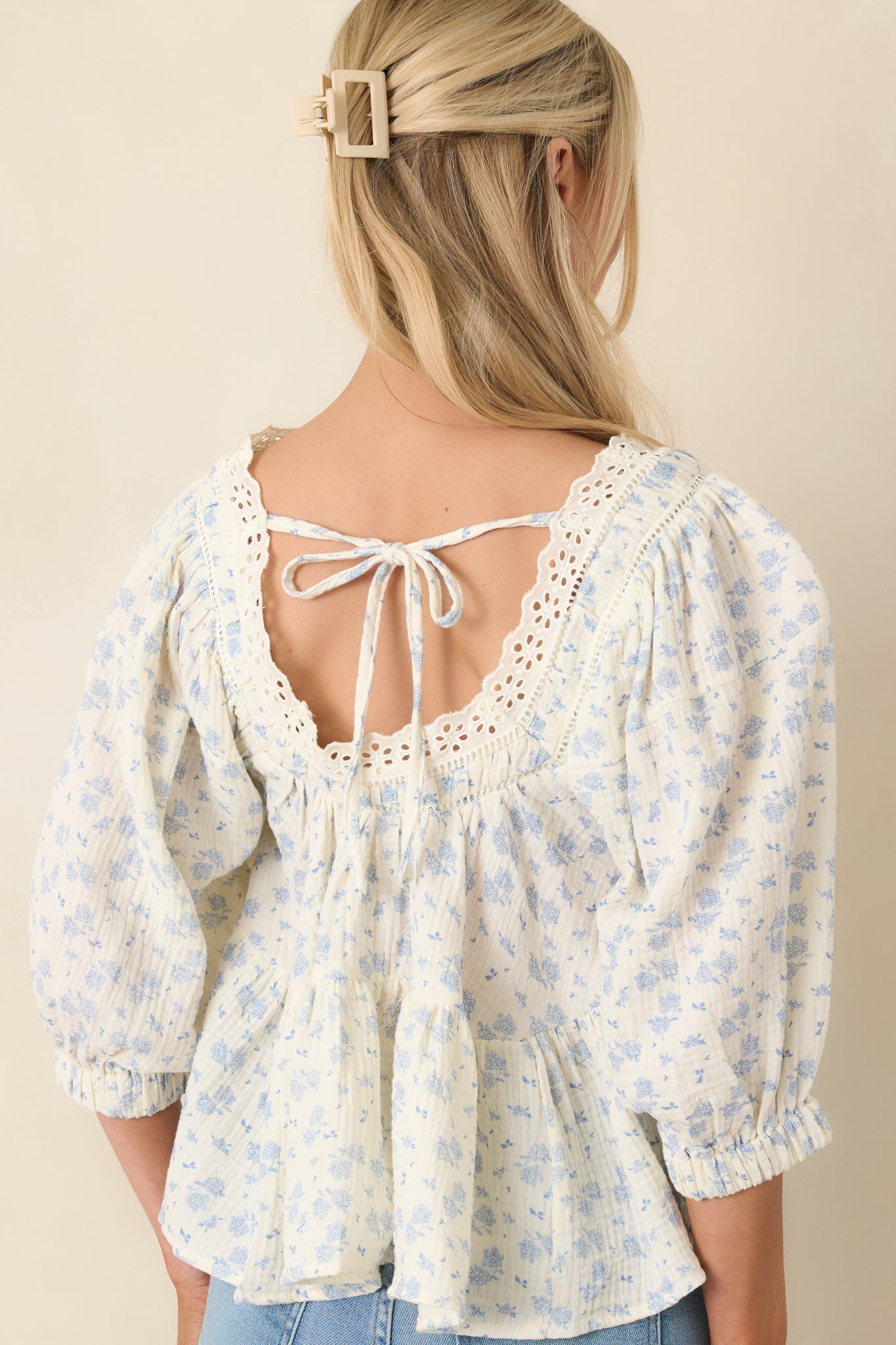 Women's Sweetest Story Ivory & Blue Floral Cotton Blouse | 100% Cotton 7