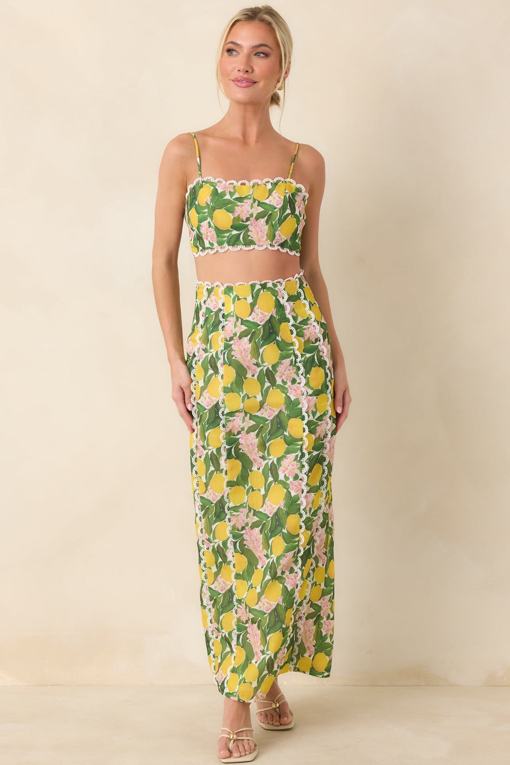 Women's Sweetest in the Grove Yellow Multi Lemon Blossom Maxi Skirt | 65% Cotton & 35% Polyester 2