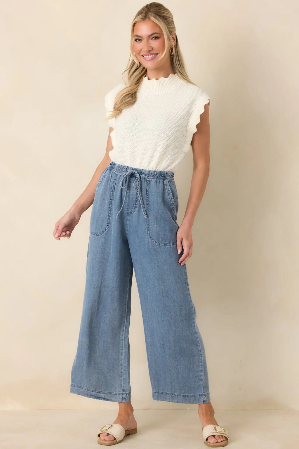 Women's Sweetly Said White Textured Knit Scalloped Edge Sleeveless Cropped Sweater | 60% Cotton & 40% Acrylic 0