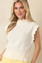 Women's Sweetly Said White Textured Knit Scalloped Edge Sleeveless Cropped Sweater | 60% Cotton & 40% Acrylic 1