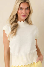 Women's Sweetly Said White Textured Knit Scalloped Edge Sleeveless Cropped Sweater | 60% Cotton & 40% Acrylic 6