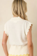 Women's Sweetly Said White Textured Knit Scalloped Edge Sleeveless Cropped Sweater | 60% Cotton & 40% Acrylic 7