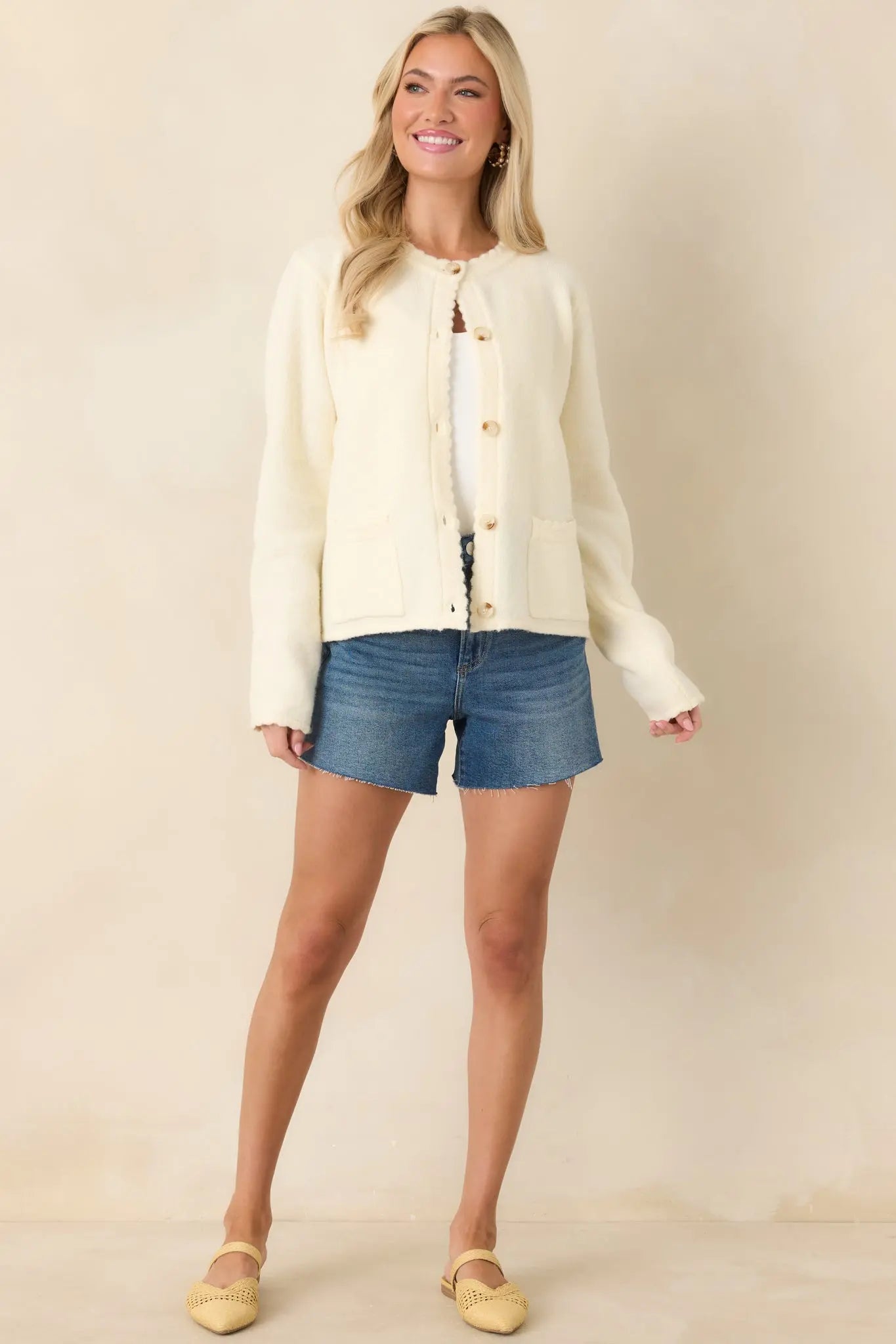 Women's Take Another Chance Ivory Knit Scallop Hem Button Front Cardigan | 82% Polyester 5