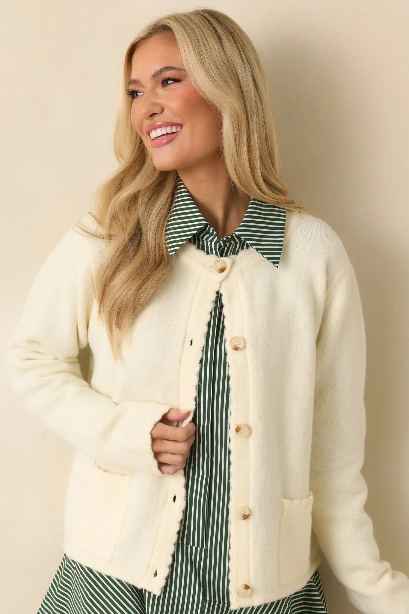 Women's Take Another Chance Ivory Knit Scallop Hem Button Front Cardigan | 82% Polyester 7