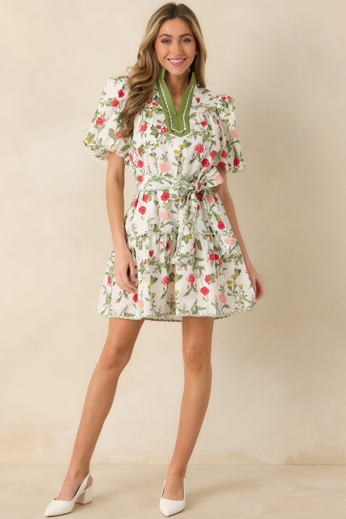 Women's Taking A Chance Olive Green Floral Print Cotton Puff Sleeve Mini Dress | 100% Cotton 0