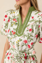 Women's Taking A Chance Olive Green Floral Print Cotton Puff Sleeve Mini Dress | 100% Cotton 1