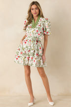 Women's Taking A Chance Olive Green Floral Print Cotton Puff Sleeve Mini Dress | 100% Cotton 2