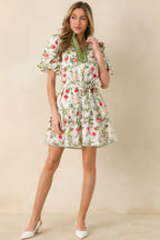 Women's Taking A Chance Olive Green Floral Print Cotton Puff Sleeve Mini Dress | 100% Cotton 3