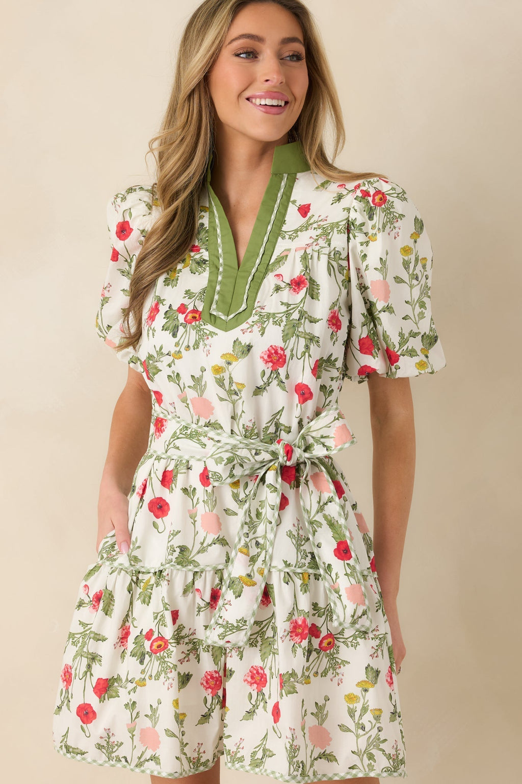 Women's Taking A Chance Olive Green Floral Print Cotton Puff Sleeve Mini Dress | 100% Cotton 4
