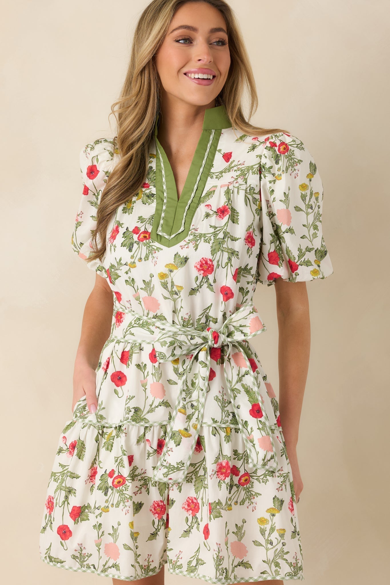 Women's Taking A Chance Olive Green Floral Print Cotton Puff Sleeve Mini Dress | 100% Cotton 4