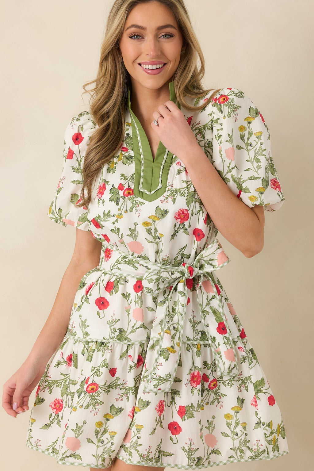 Women's Taking A Chance Olive Green Floral Print Cotton Puff Sleeve Mini Dress | 100% Cotton 5