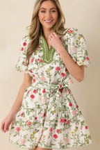 Women's Taking A Chance Olive Green Floral Print Cotton Puff Sleeve Mini Dress | 100% Cotton 5