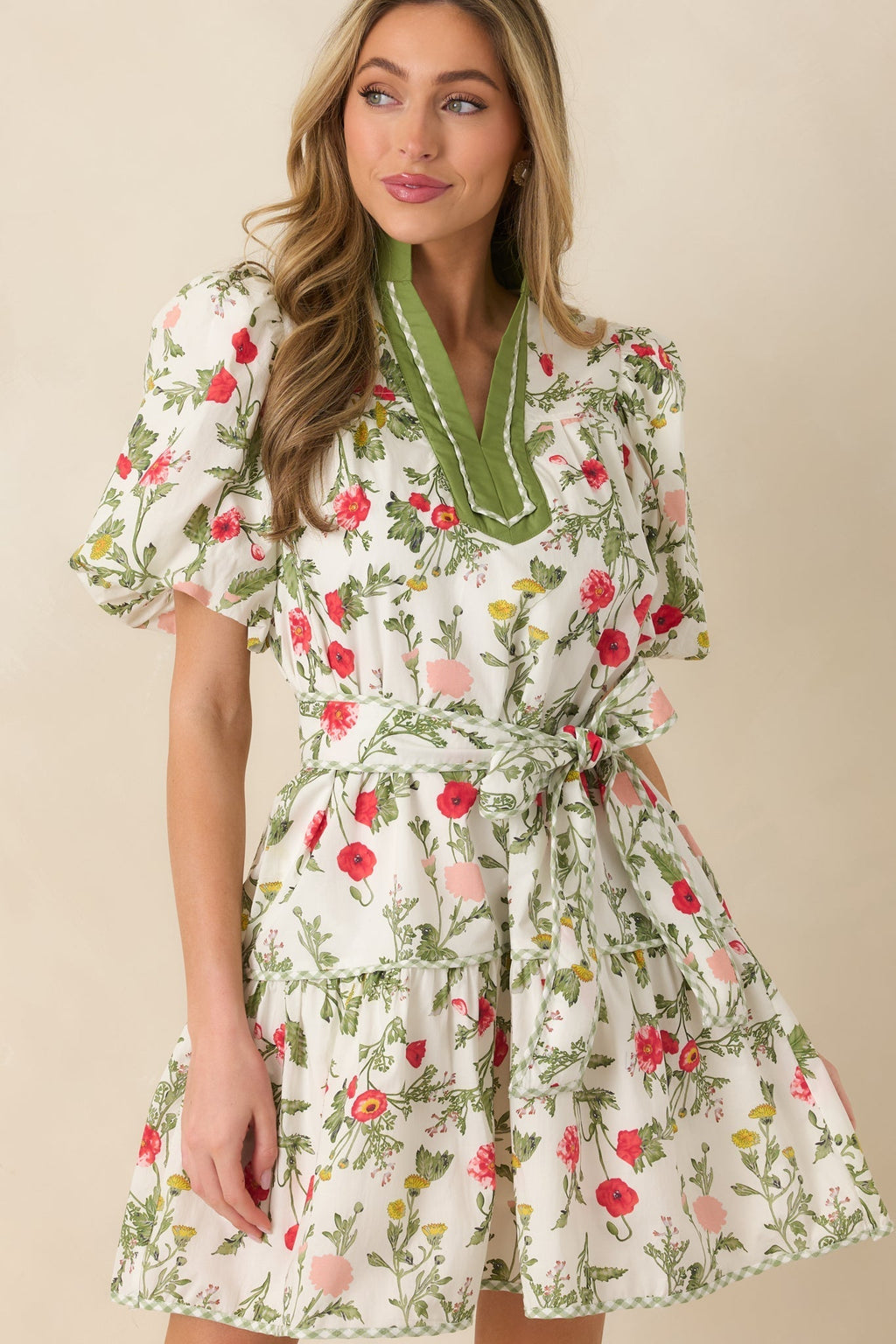 Women's Taking A Chance Olive Green Floral Print Cotton Puff Sleeve Mini Dress | 100% Cotton 6