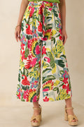 Women's Talk Tropic To Me Red Multi Parrot Print Belted Crop Pants | 97% Rayon & 3% Spandex 0