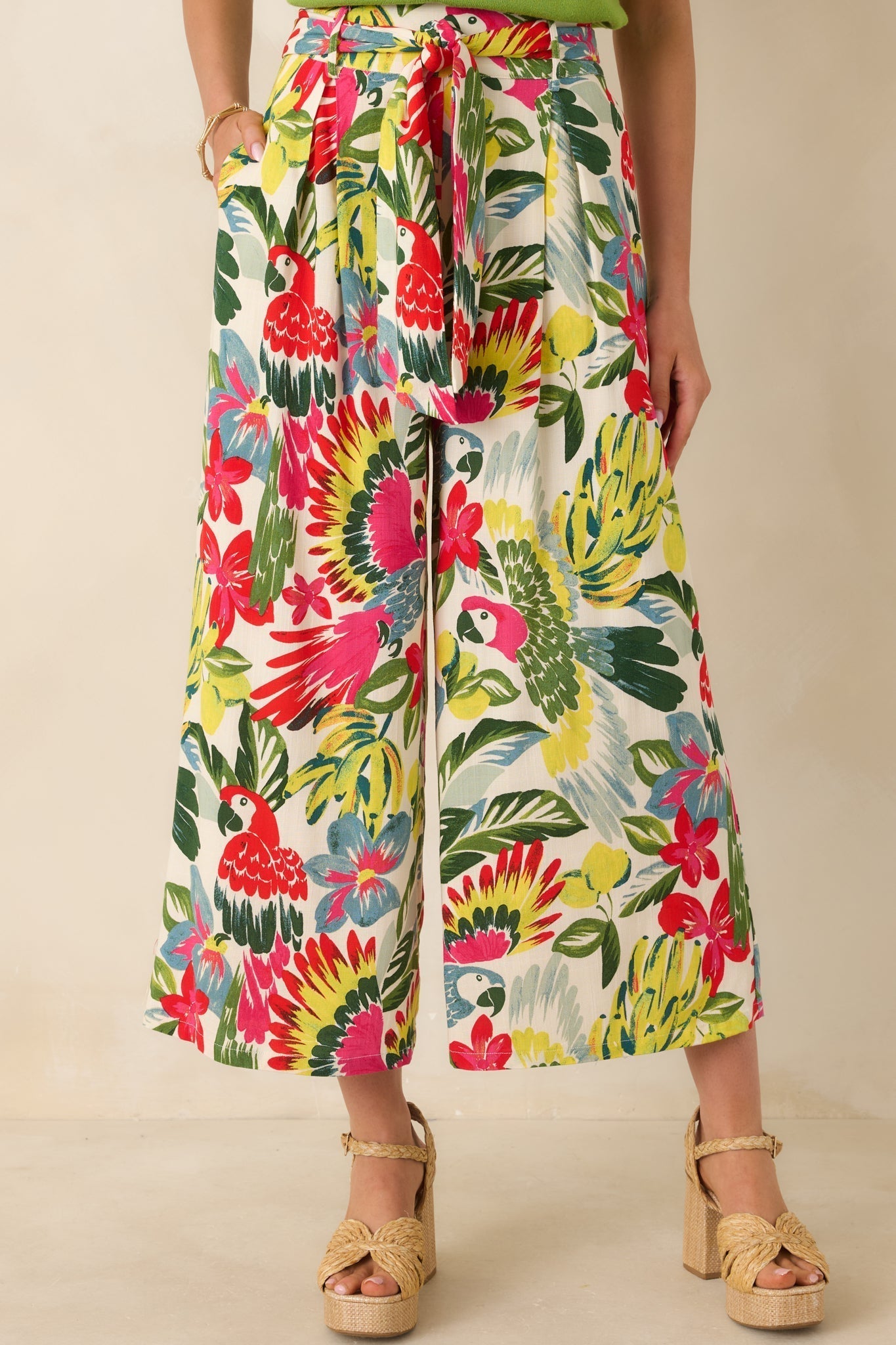 Women's Talk Tropic To Me Red Multi Parrot Print Belted Crop Pants | 97% Rayon & 3% Spandex 1