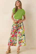 Women's Talk Tropic To Me Red Multi Parrot Print Belted Crop Pants | 97% Rayon & 3% Spandex 2