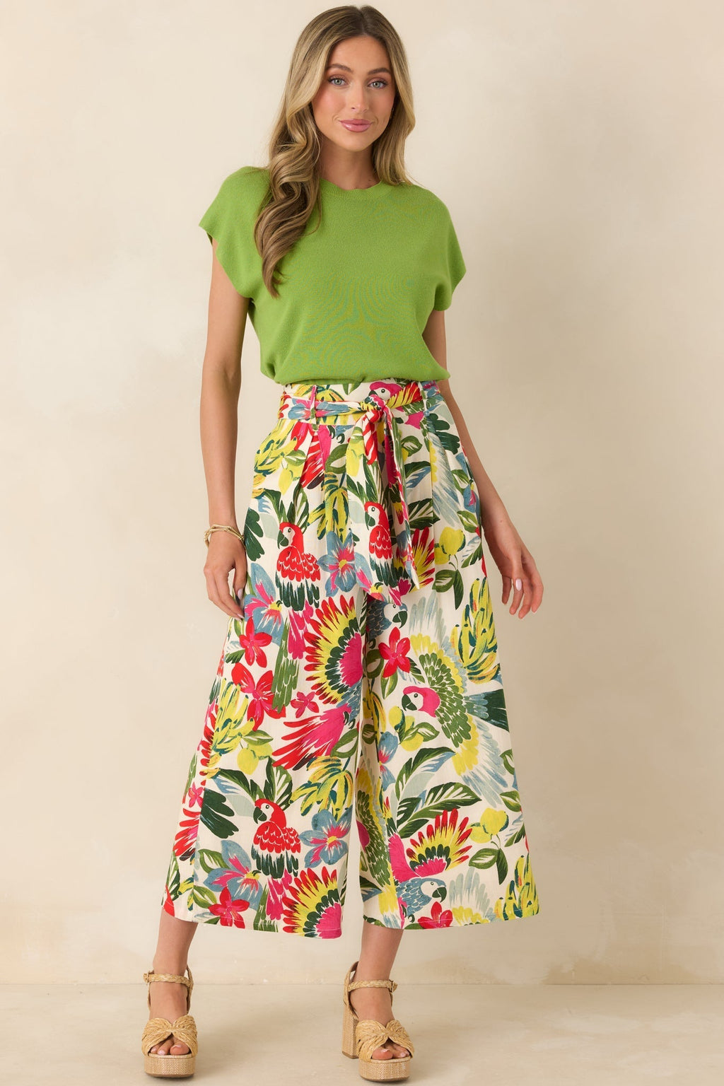 Women's Talk Tropic To Me Red Multi Parrot Print Belted Crop Pants | 97% Rayon & 3% Spandex 3