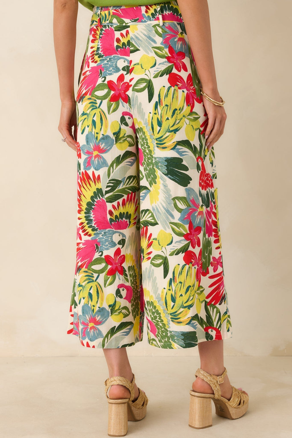 Women's Talk Tropic To Me Red Multi Parrot Print Belted Crop Pants | 97% Rayon & 3% Spandex 5