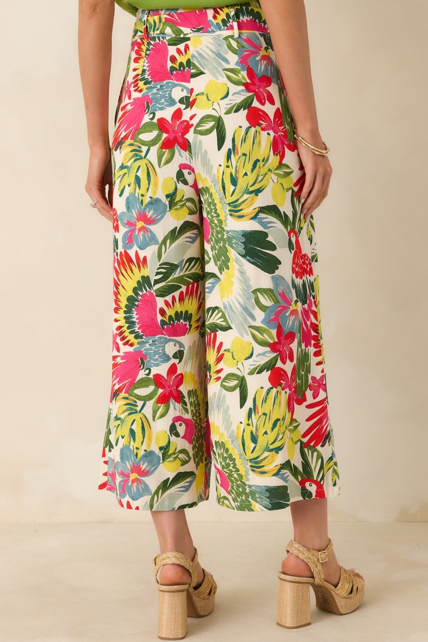 Women's Talk Tropic To Me Red Multi Parrot Print Belted Crop Pants | 97% Rayon & 3% Spandex 5