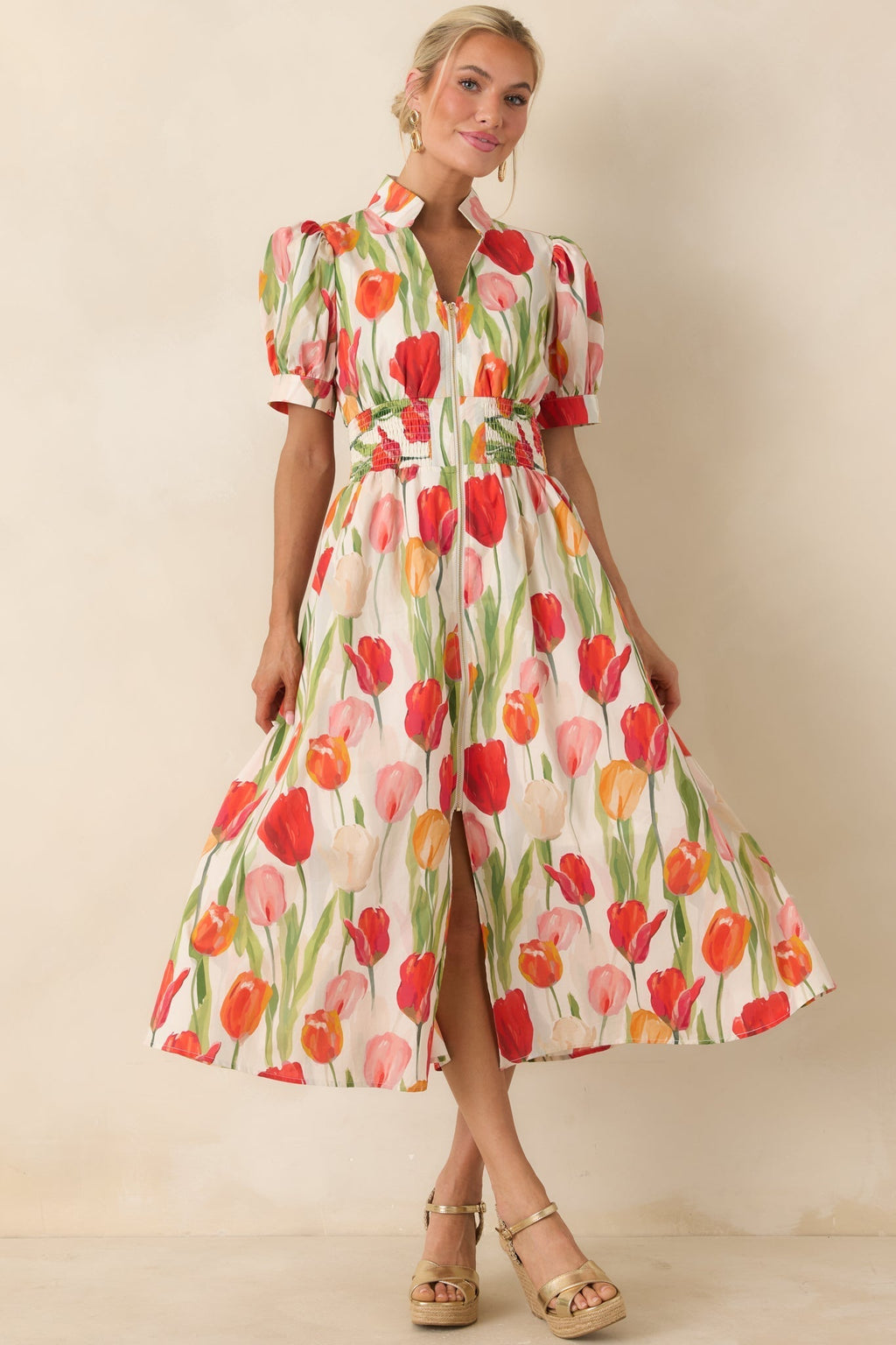 Women's Talking Among the Tulips Ivory & Red Multi Floral Cotton Midi Dress | 100% Cotton 0