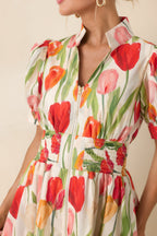 Women's Talking Among the Tulips Ivory & Red Multi Floral Cotton Midi Dress | 100% Cotton 1