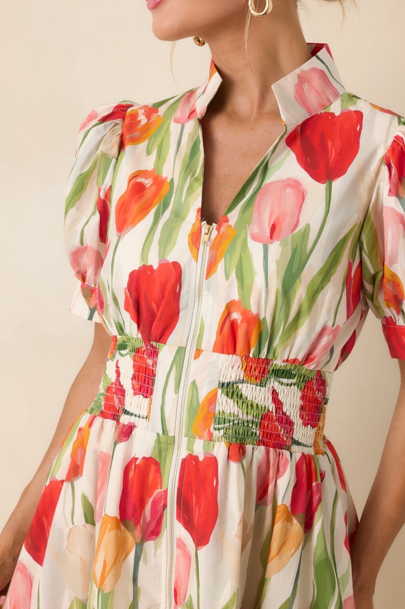 Women's Talking Among the Tulips Ivory & Red Multi Floral Cotton Midi Dress | 100% Cotton 1