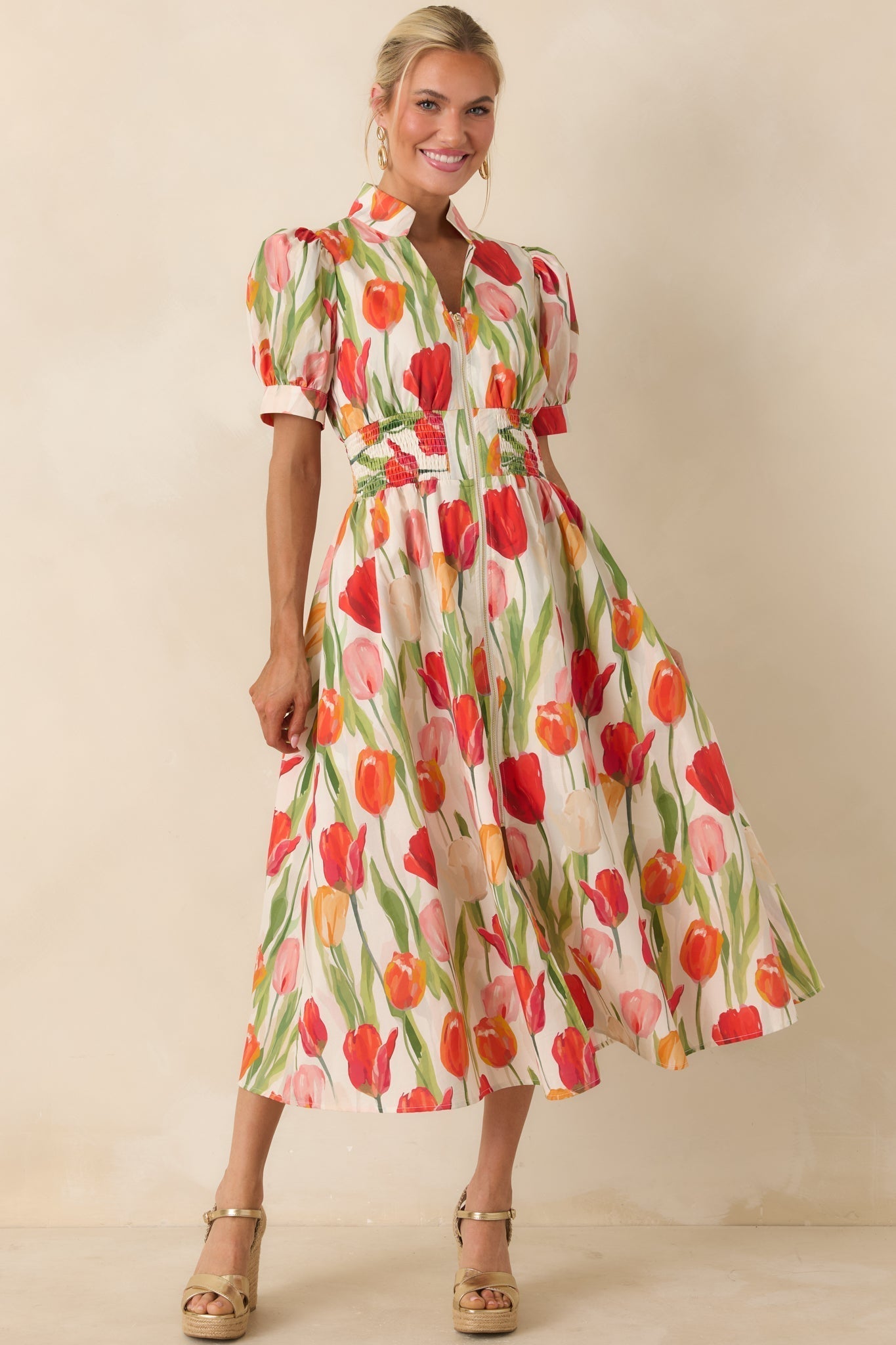 Women's Talking Among the Tulips Ivory & Red Multi Floral Cotton Midi Dress | 100% Cotton 2