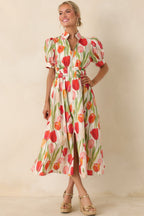 Women's Talking Among the Tulips Ivory & Red Multi Floral Cotton Midi Dress | 100% Cotton 3