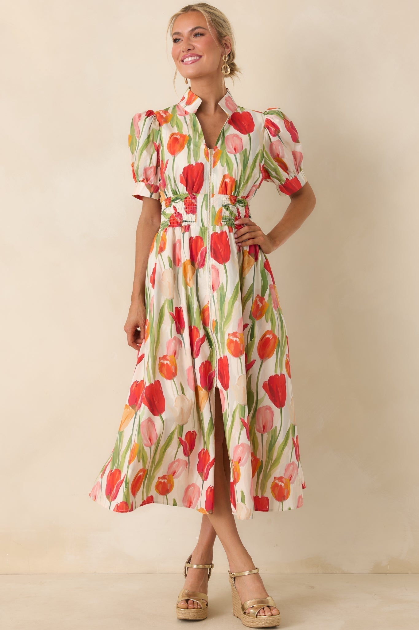 Women's Talking Among the Tulips Ivory & Red Multi Floral Cotton Midi Dress | 100% Cotton 3