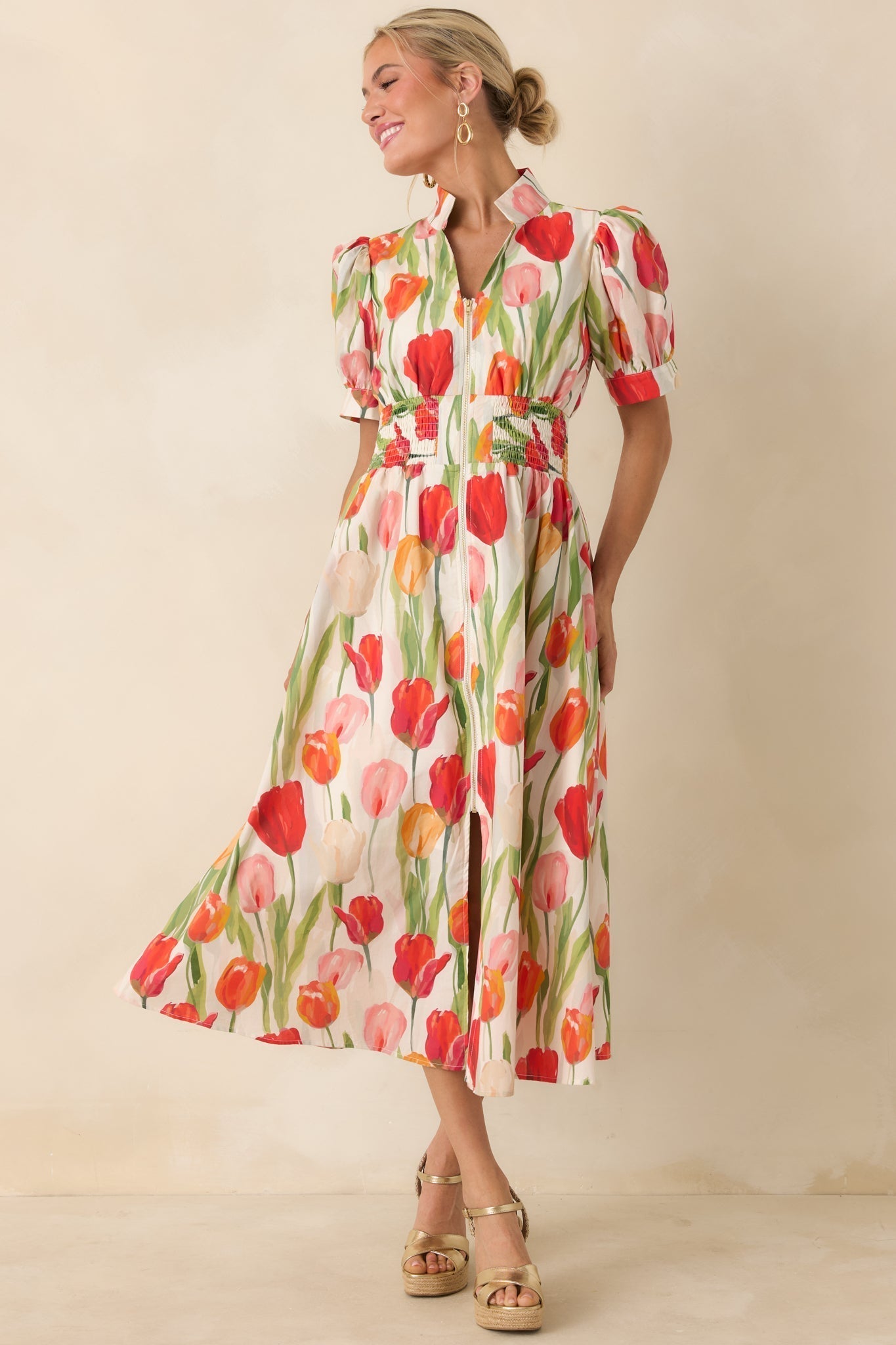 Women's Talking Among the Tulips Ivory & Red Multi Floral Cotton Midi Dress | 100% Cotton 4