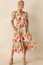 Women's Talking Among the Tulips Ivory & Red Multi Floral Cotton Midi Dress | 100% Cotton 5