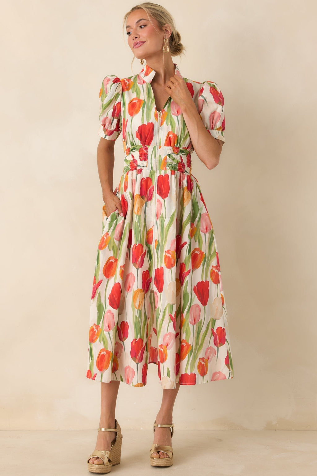 Women's Talking Among the Tulips Ivory & Red Multi Floral Cotton Midi Dress | 100% Cotton 6