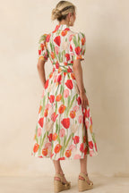 Women's Talking Among the Tulips Ivory & Red Multi Floral Cotton Midi Dress | 100% Cotton 7