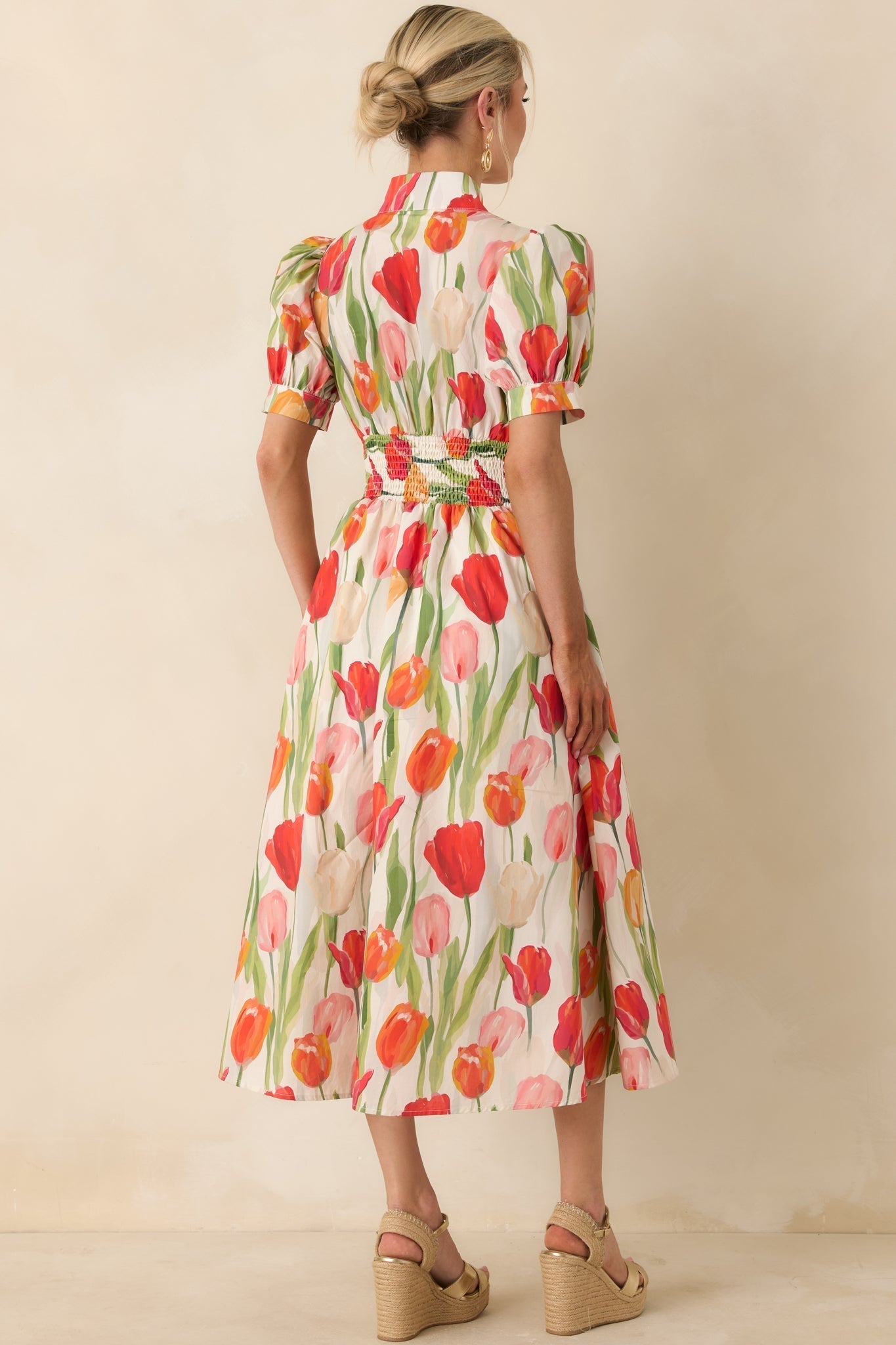 Women's Talking Among the Tulips Ivory & Red Multi Floral Cotton Midi Dress | 100% Cotton 7