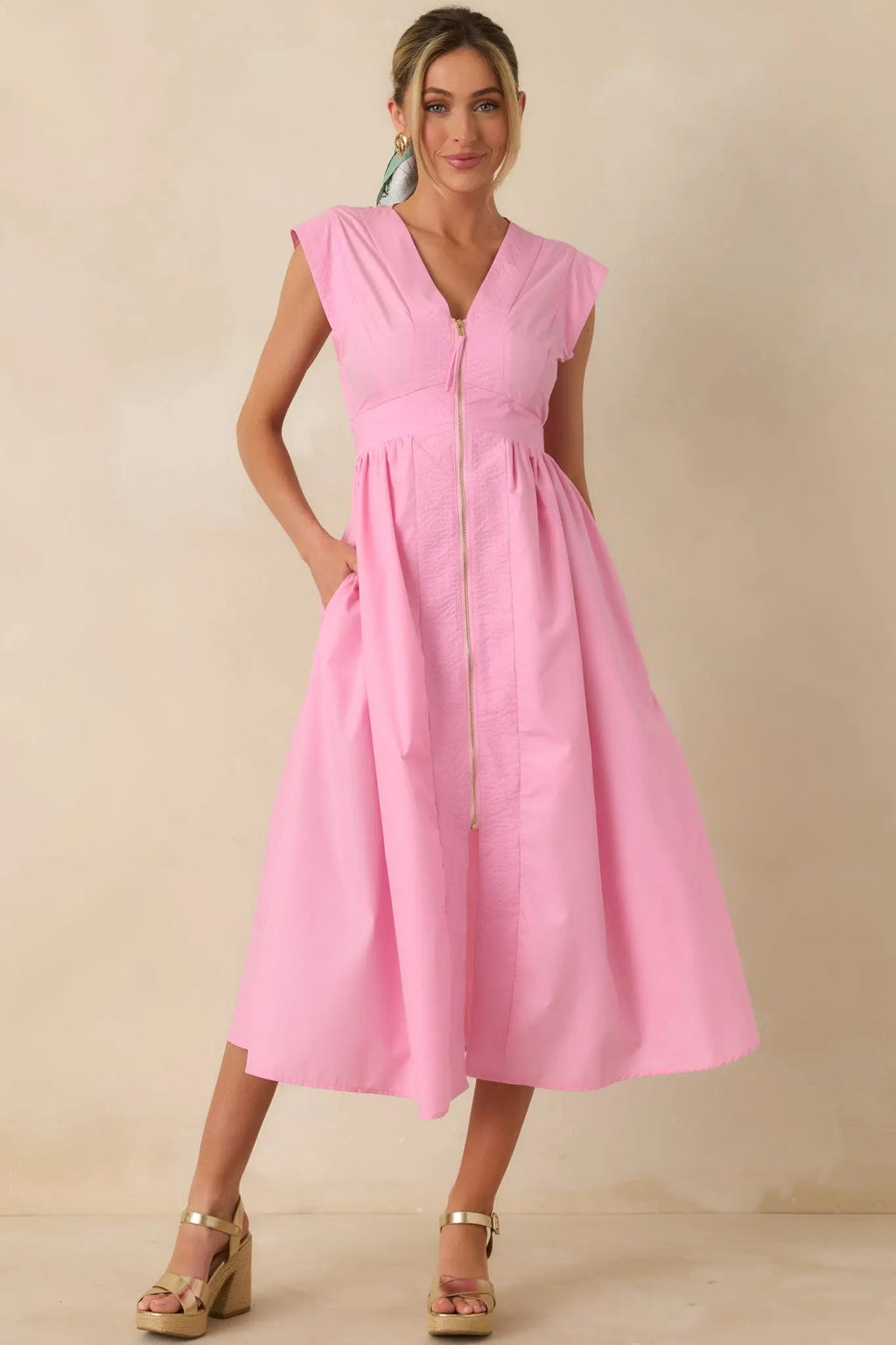 Women's The Adeline Pink Zip Up Midi Dress | 80% Polyester & 20% Cotton 1