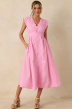 Women's The Adeline Pink Zip Up Midi Dress | 80% Polyester & 20% Cotton 1