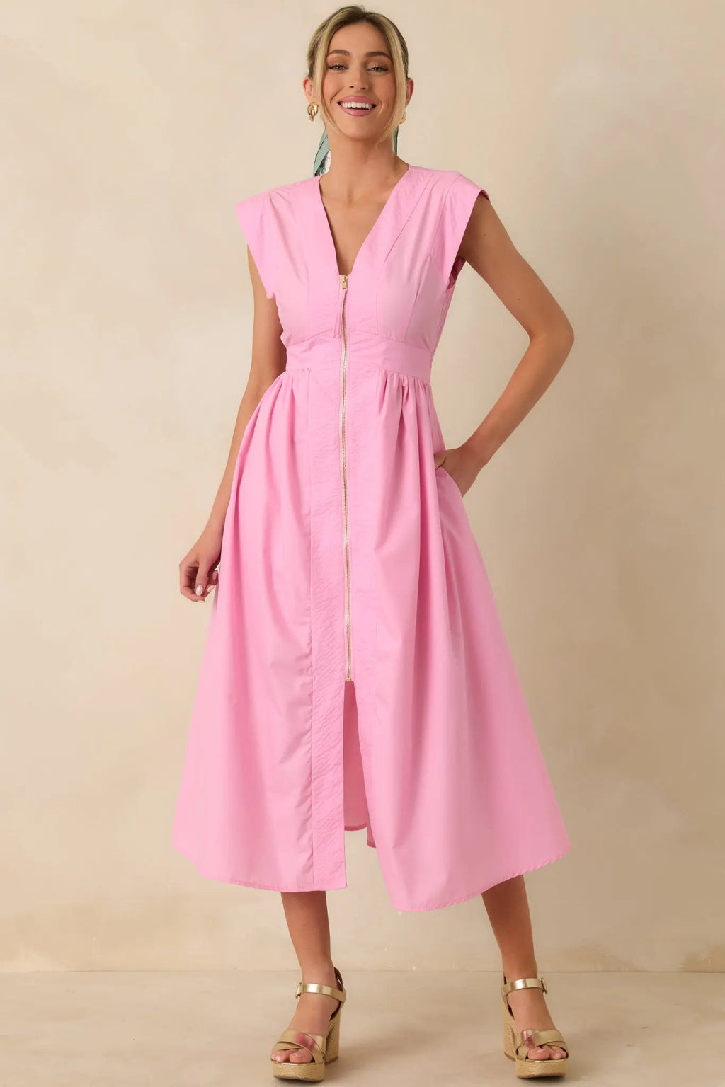 Women's The Adeline Pink Zip Up Midi Dress | 80% Polyester & 20% Cotton 3