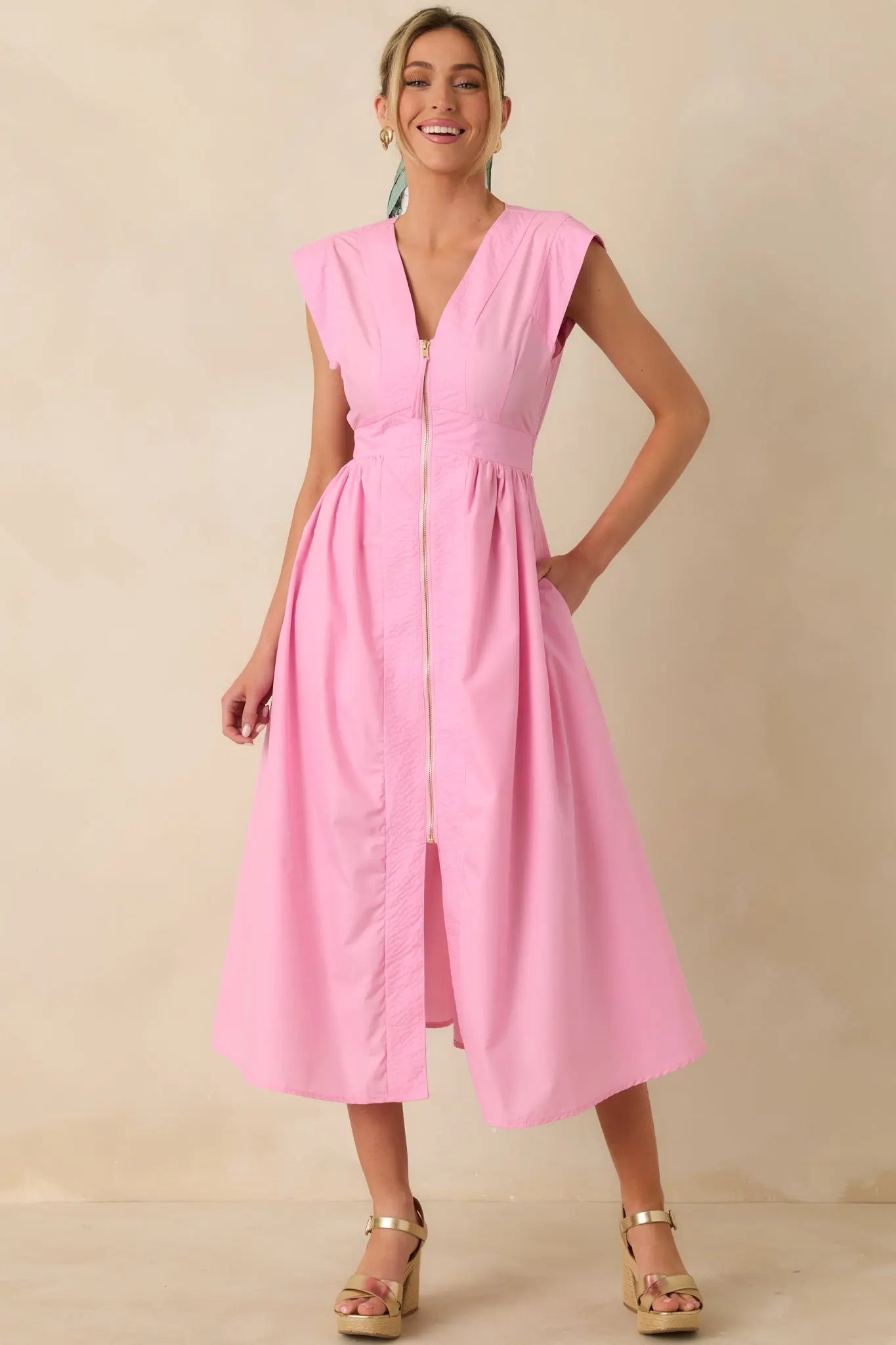 Women's The Adeline Pink Zip Up Midi Dress | 80% Polyester & 20% Cotton 3