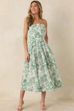 Women's The Genevieve 100% Cotton Green Toile Strapless Midi Dress 1