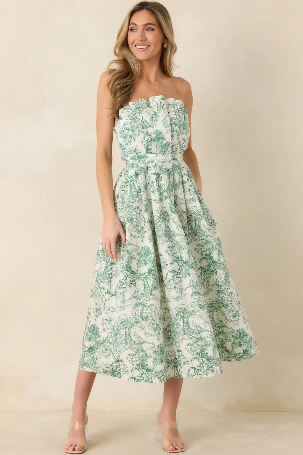 Women's The Genevieve 100% Cotton Green Toile Strapless Midi Dress 3