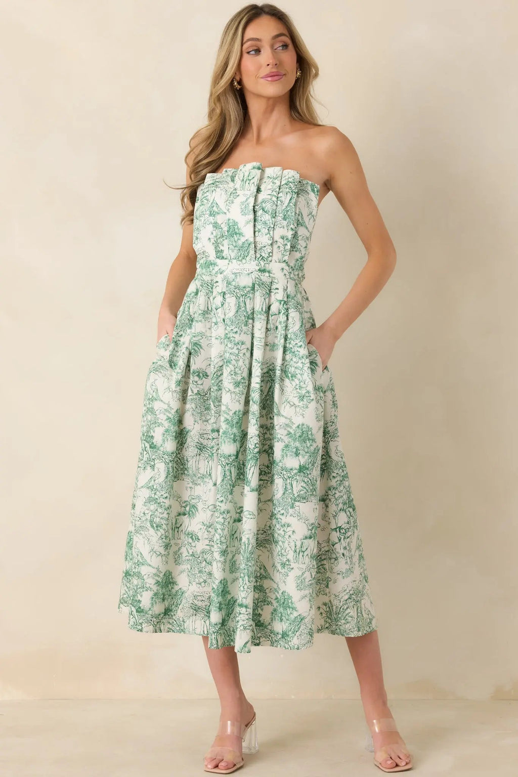 Women's The Genevieve 100% Cotton Green Toile Strapless Midi Dress 4