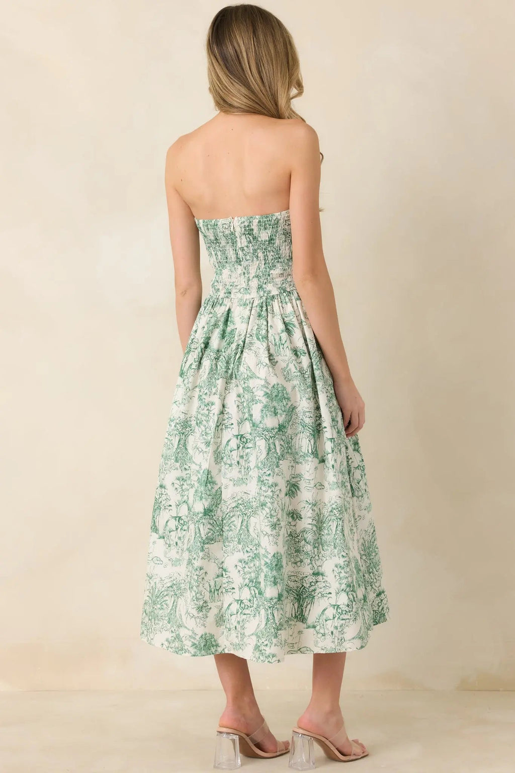 Women's The Genevieve 100% Cotton Green Toile Strapless Midi Dress 6