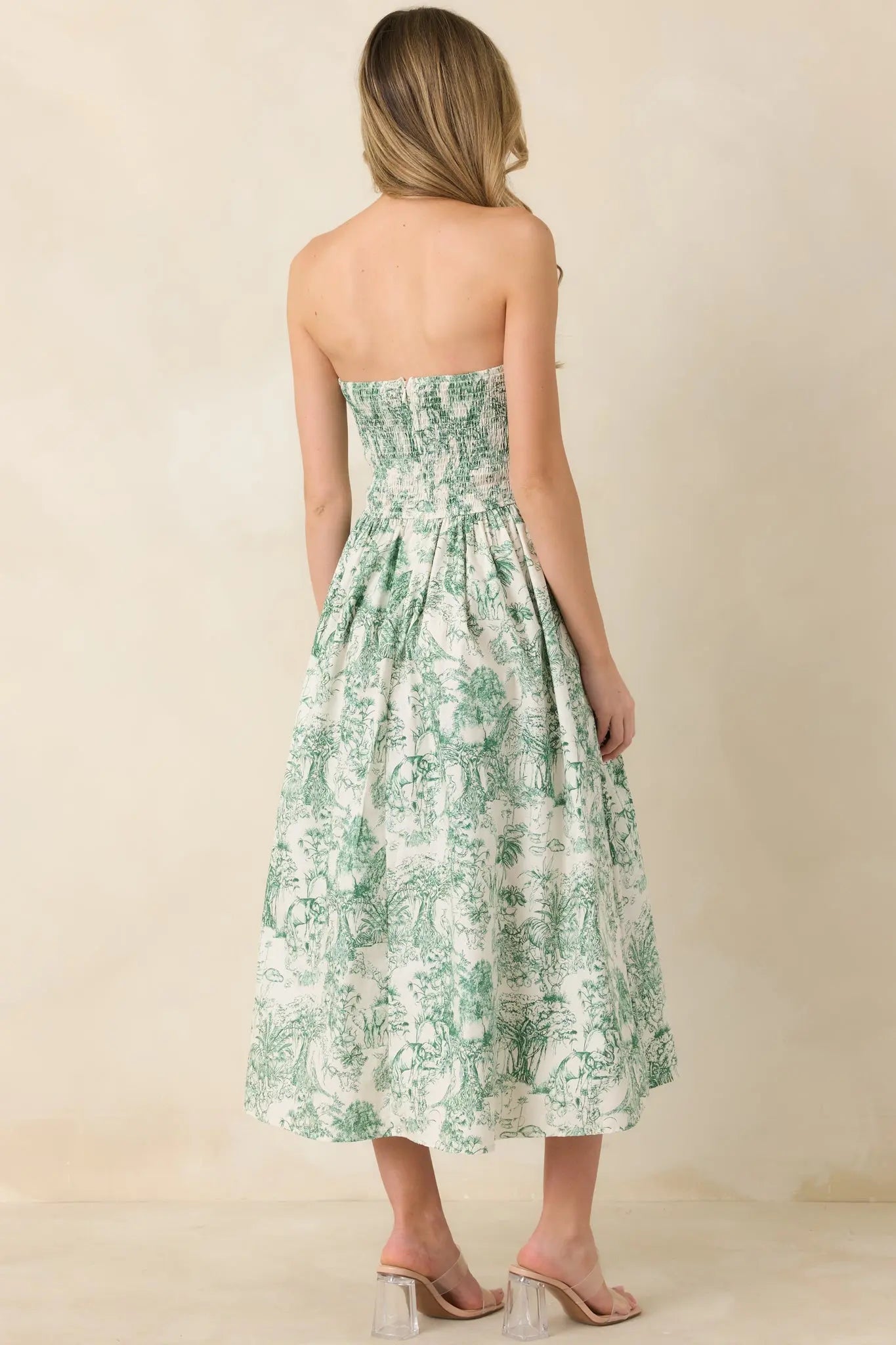 Women's The Genevieve 100% Cotton Green Toile Strapless Midi Dress 6