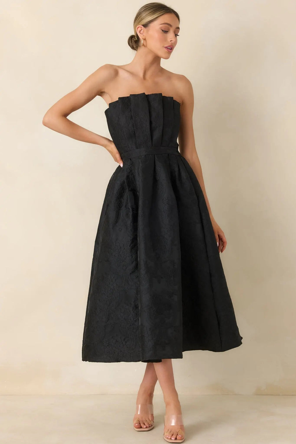 Women's The Genevieve Black Jacquard Strapless Midi Dress | 82% Polyester 0