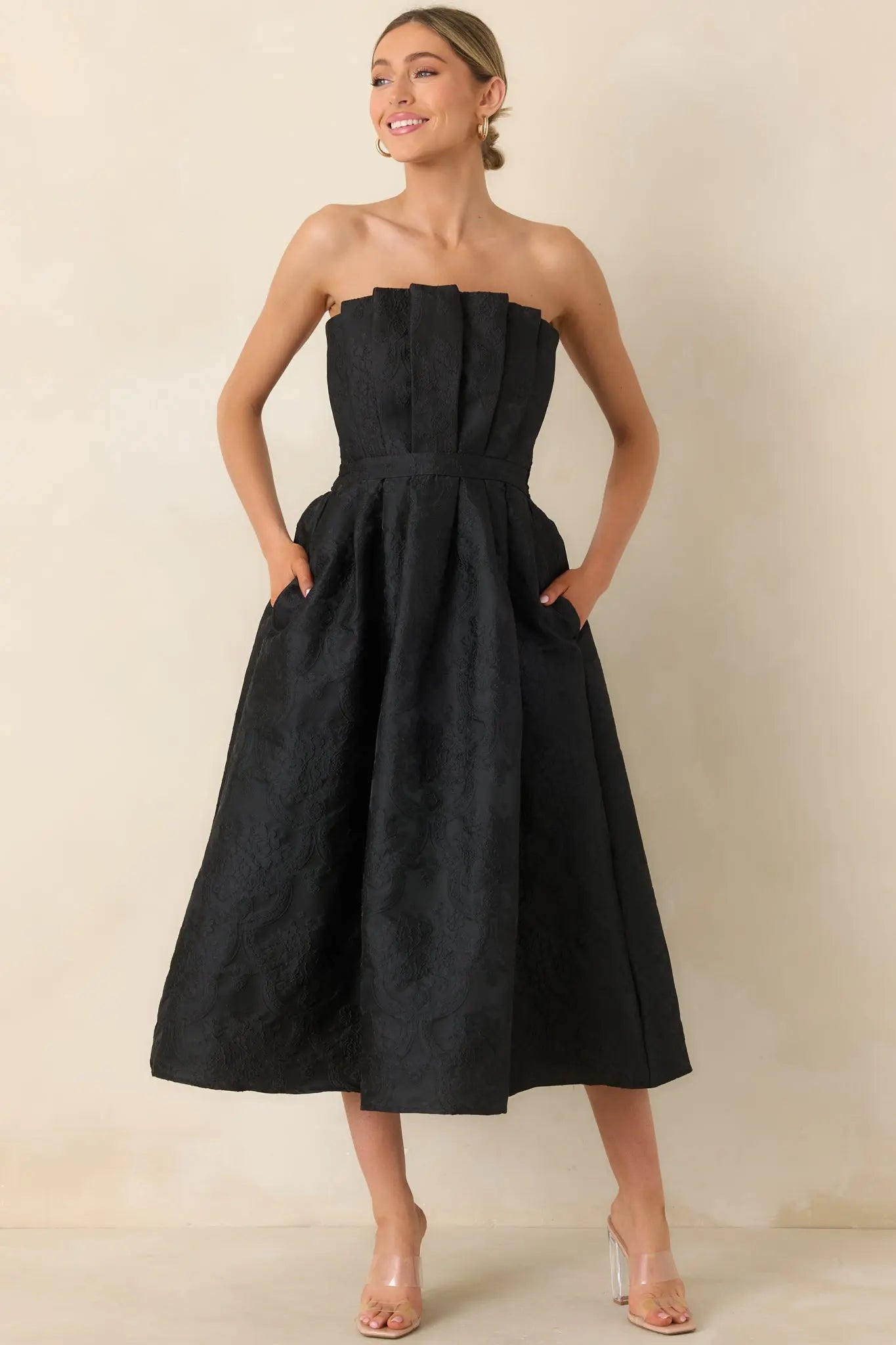 Women's The Genevieve Black Jacquard Strapless Midi Dress | 82% Polyester 2