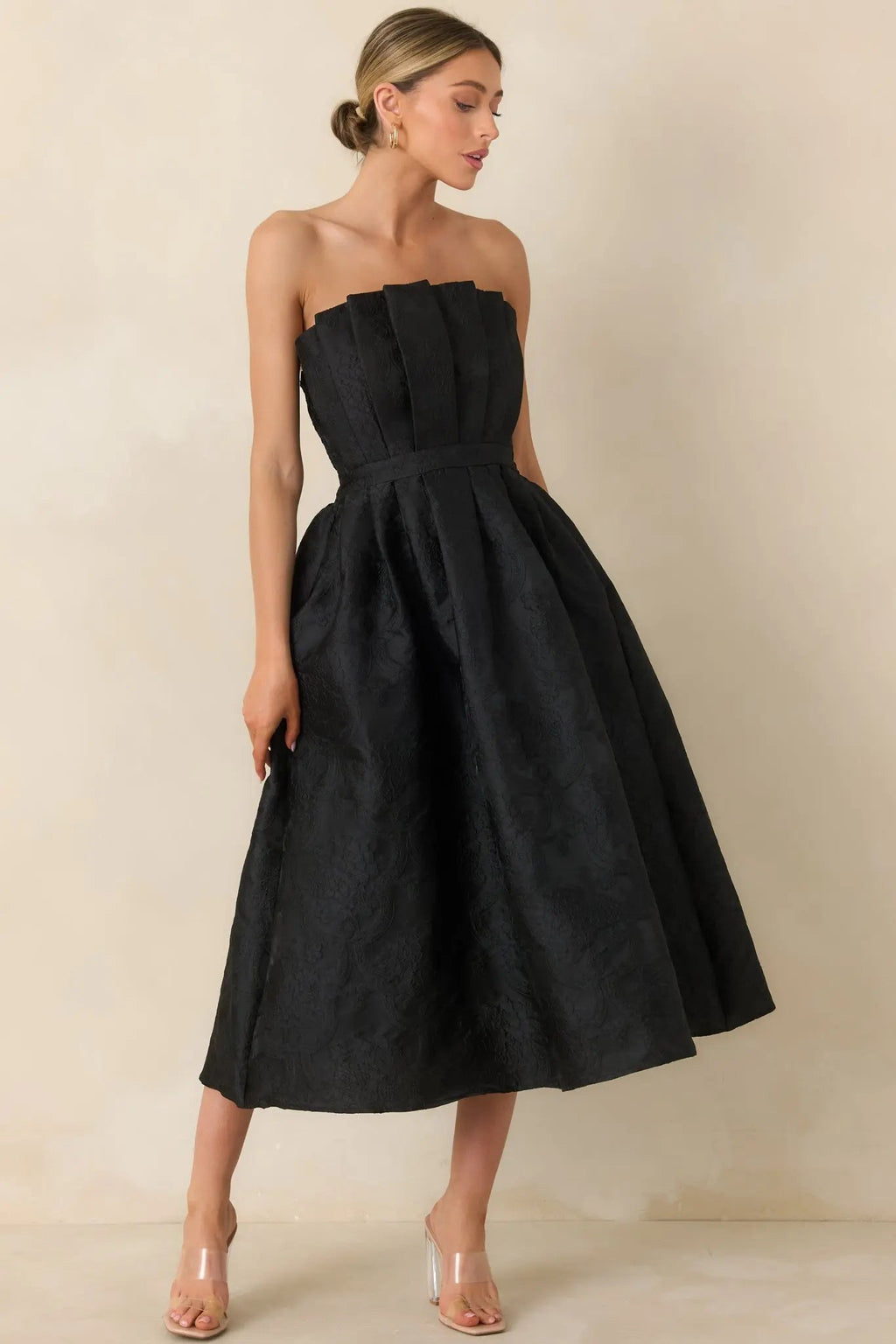 Women's The Genevieve Black Jacquard Strapless Midi Dress | 82% Polyester 3