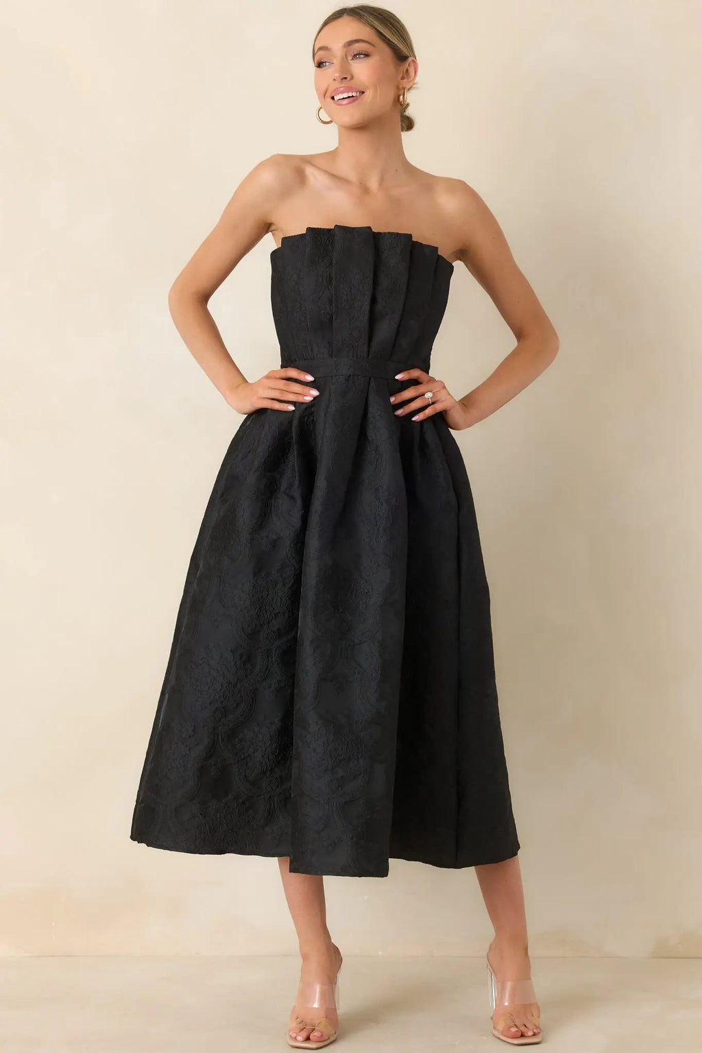 Women's The Genevieve Black Jacquard Strapless Midi Dress | 82% Polyester 4