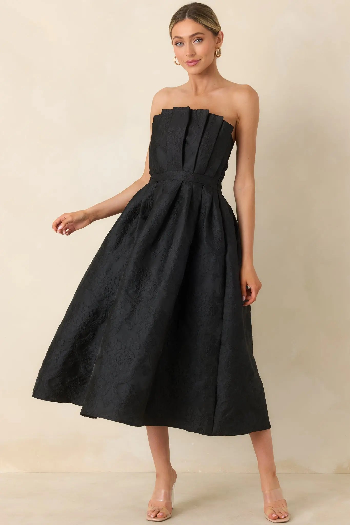 Women's The Genevieve Black Jacquard Strapless Midi Dress | 82% Polyester 5